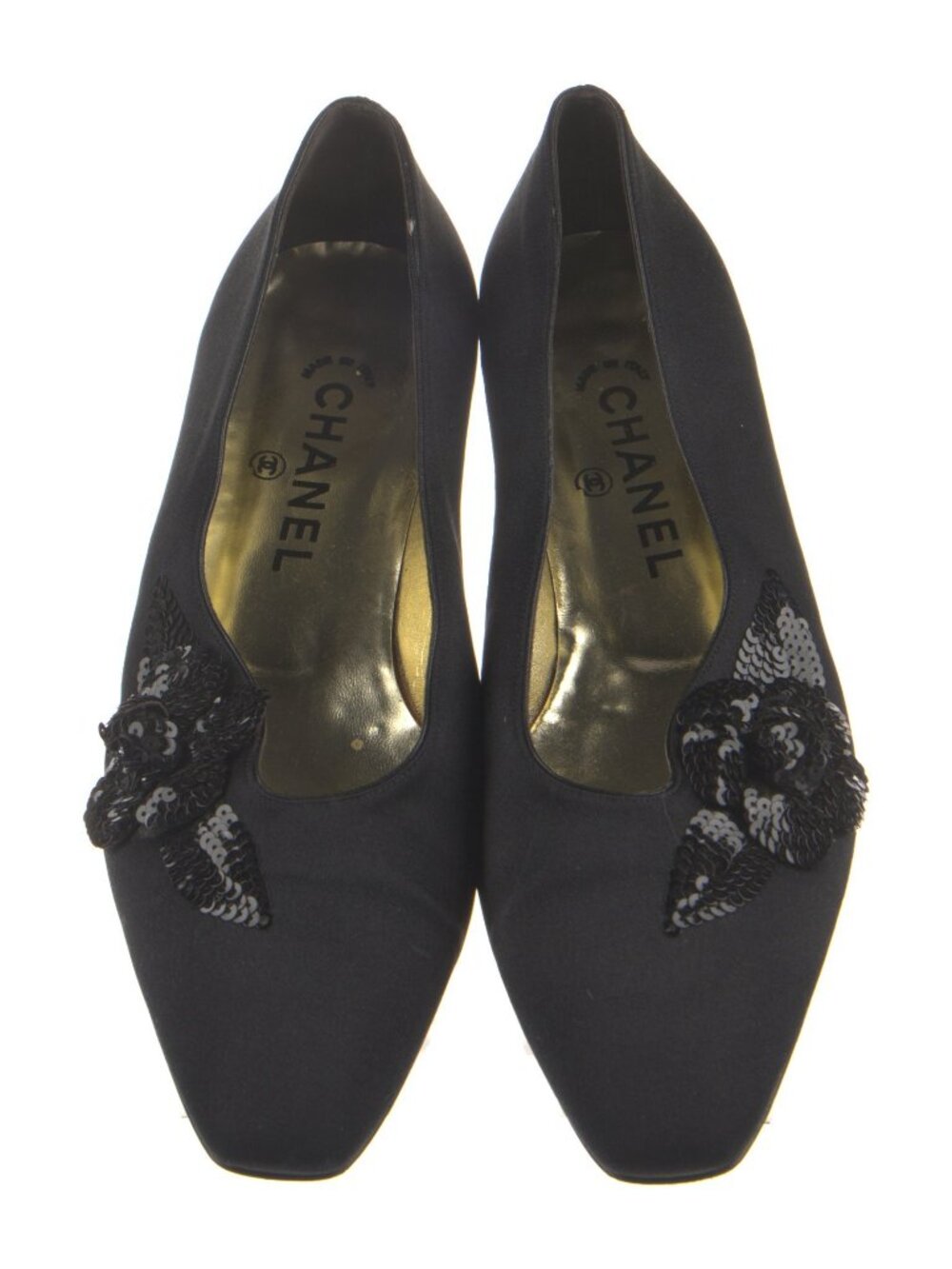 CHANEL Black Satin Camellia Vintage Ballet Flats